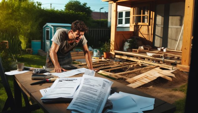 Verzweifelter Bauherr, der beim selber bauen des Sommergartens auf Bürokratie stößt